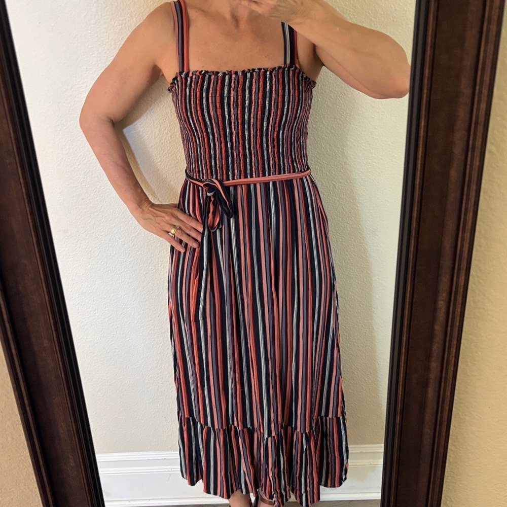 Universal Thread Striped Smocked Midi Dress in Navy, Coral & White